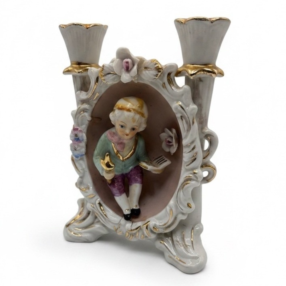 Vintage Porcelain Rococo Courting Boy Oval Frame Figurine Gold Trim Coquette